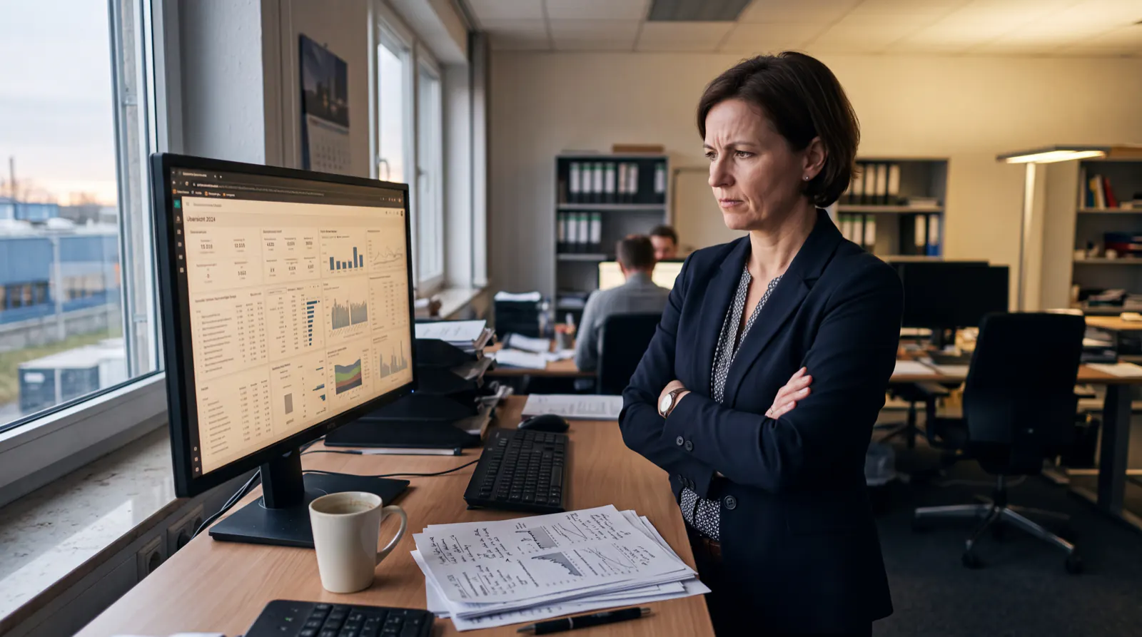 Geschäftsführerin prüft skeptisch ein Dashboard am Bildschirm