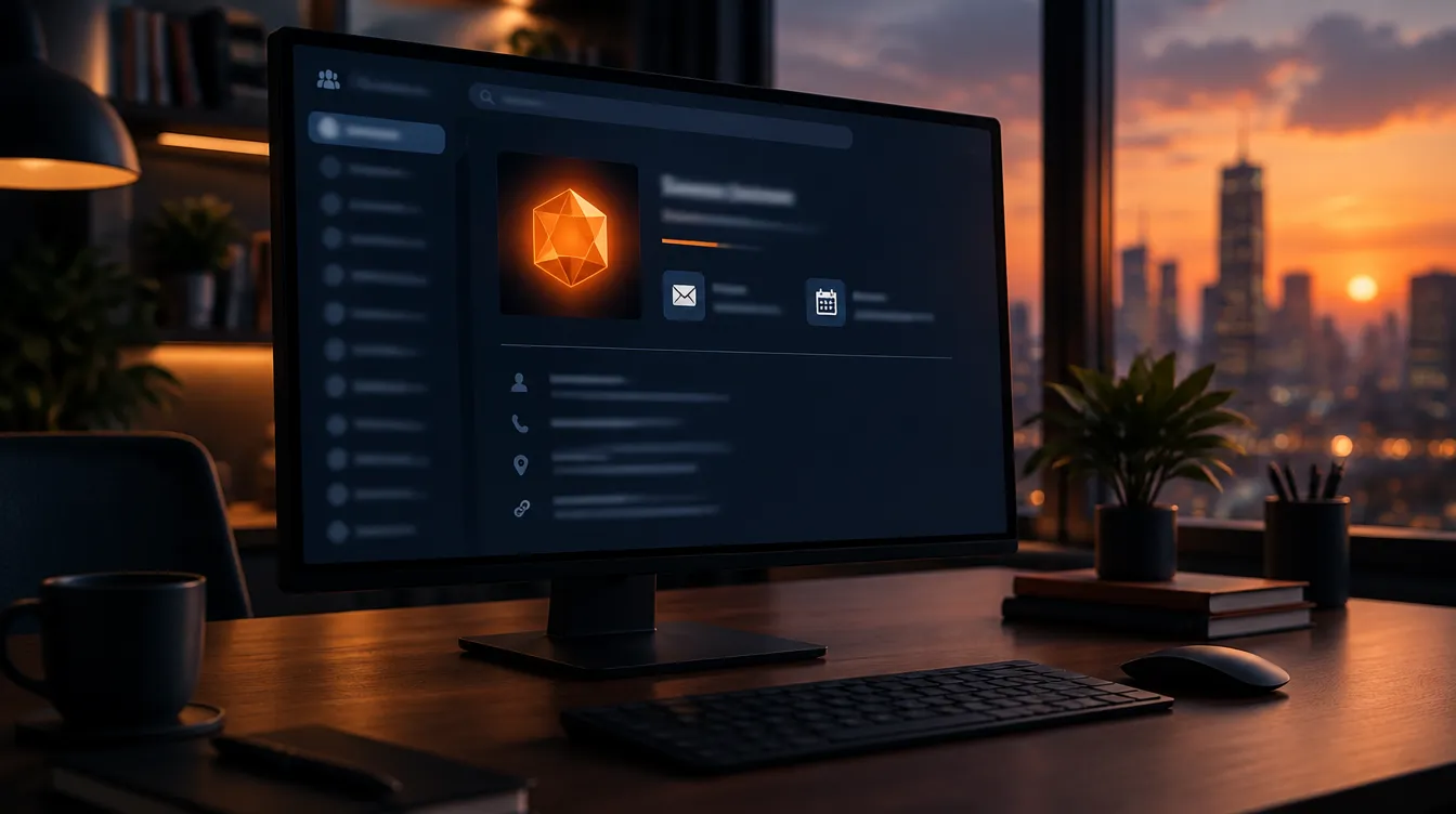 Bildschirm am Abend mit einem Eintrag im Firmenverzeichnis, statt eines Fotos ein orange leuchtendes Agenten-Symbol, daneben Symbole für Postfach und Kalender