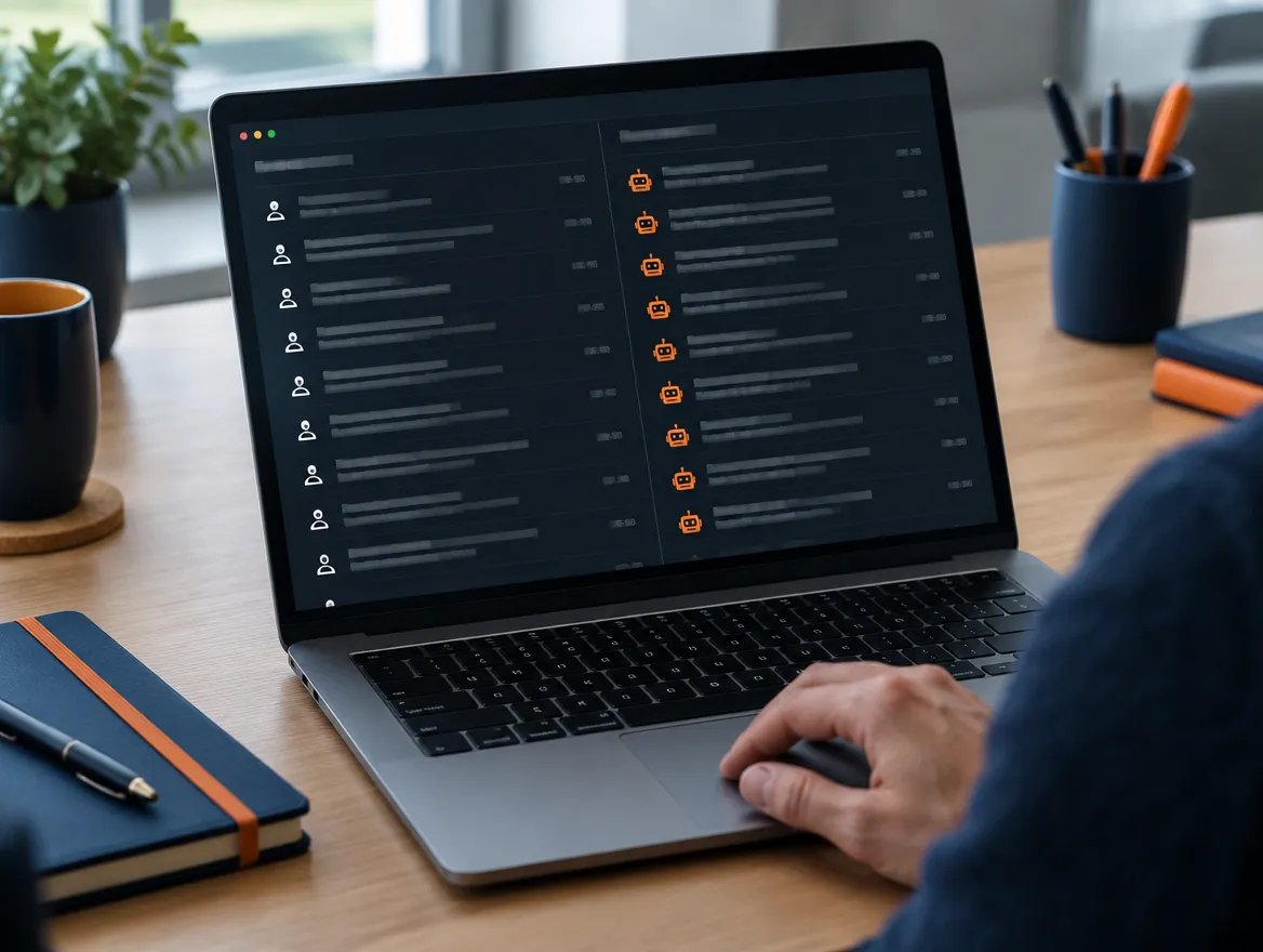 Laptop mit einer Protokollansicht in zwei Spalten, links Einträge mit Personensymbol, rechts Einträge mit orangem Agentensymbol, eine Hand liegt auf dem Trackpad