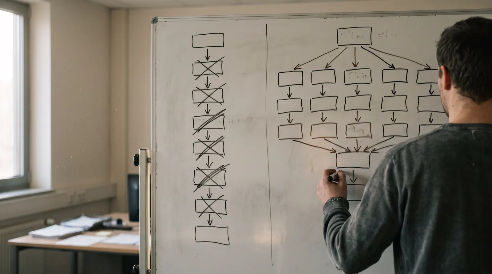 Graph aus verbundenen Knoten, aus einer geraden Kette fächert sich die Arbeit in mehrere parallele Pfade auf
