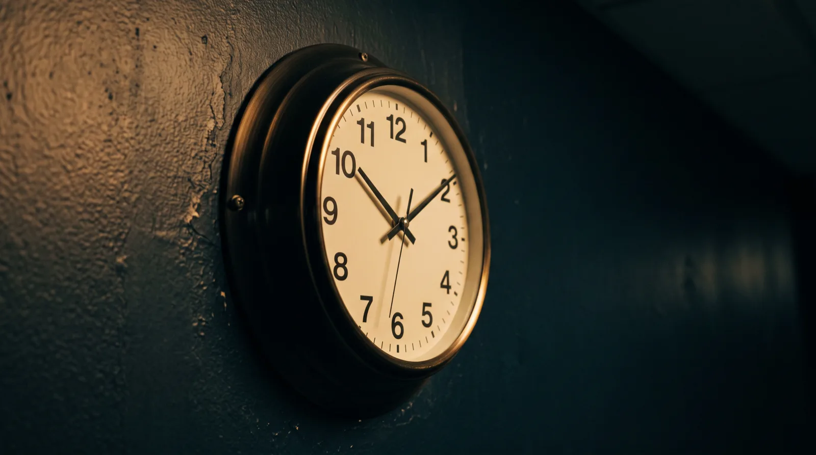Analoge Wanduhr in einem dunklen Bürogang