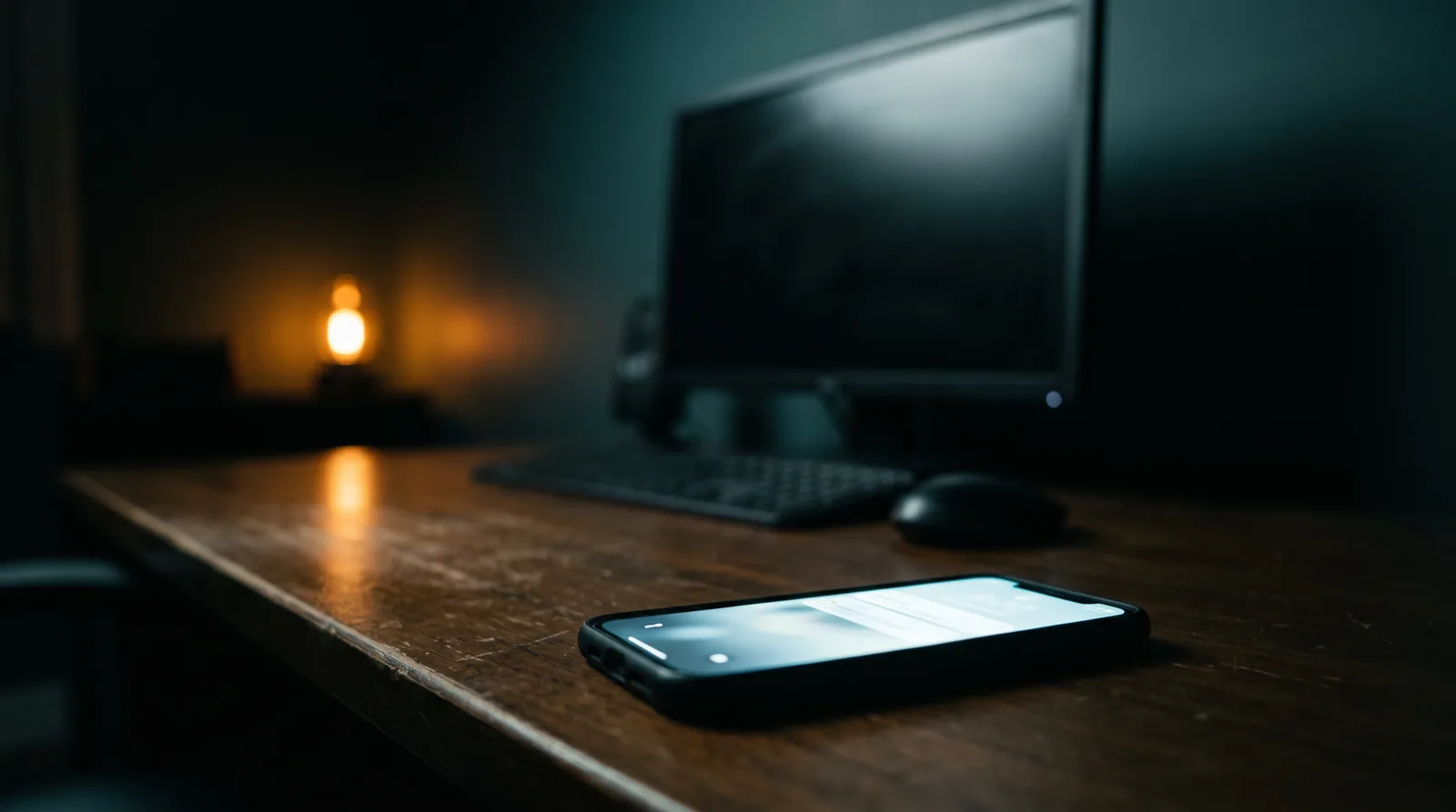Privates Handy leuchtet auf einem Schreibtisch, dahinter ein ausgeschalteter Arbeitsplatz