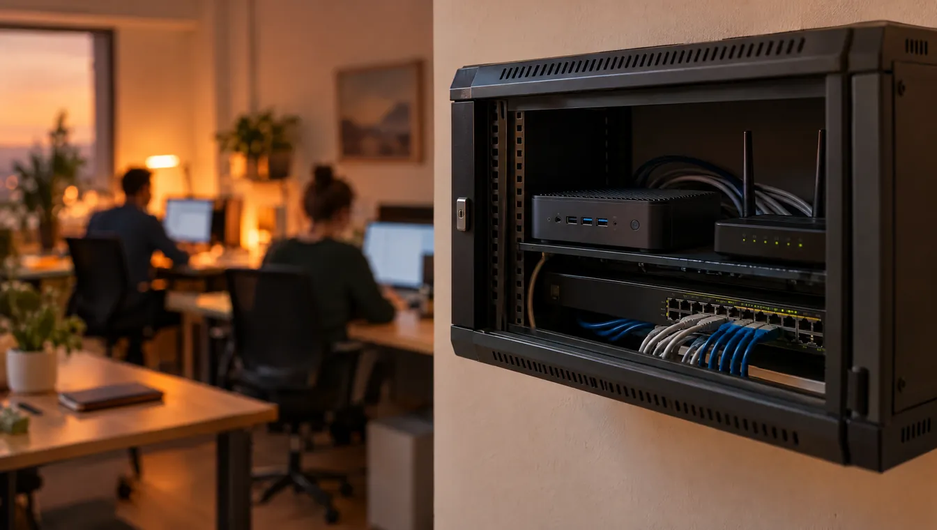 Geöffneter Netzwerkschrank an der Wand mit Mini-PC, Router und Switch in einem Büro, im Hintergrund ein unscharf zu sehendes Team