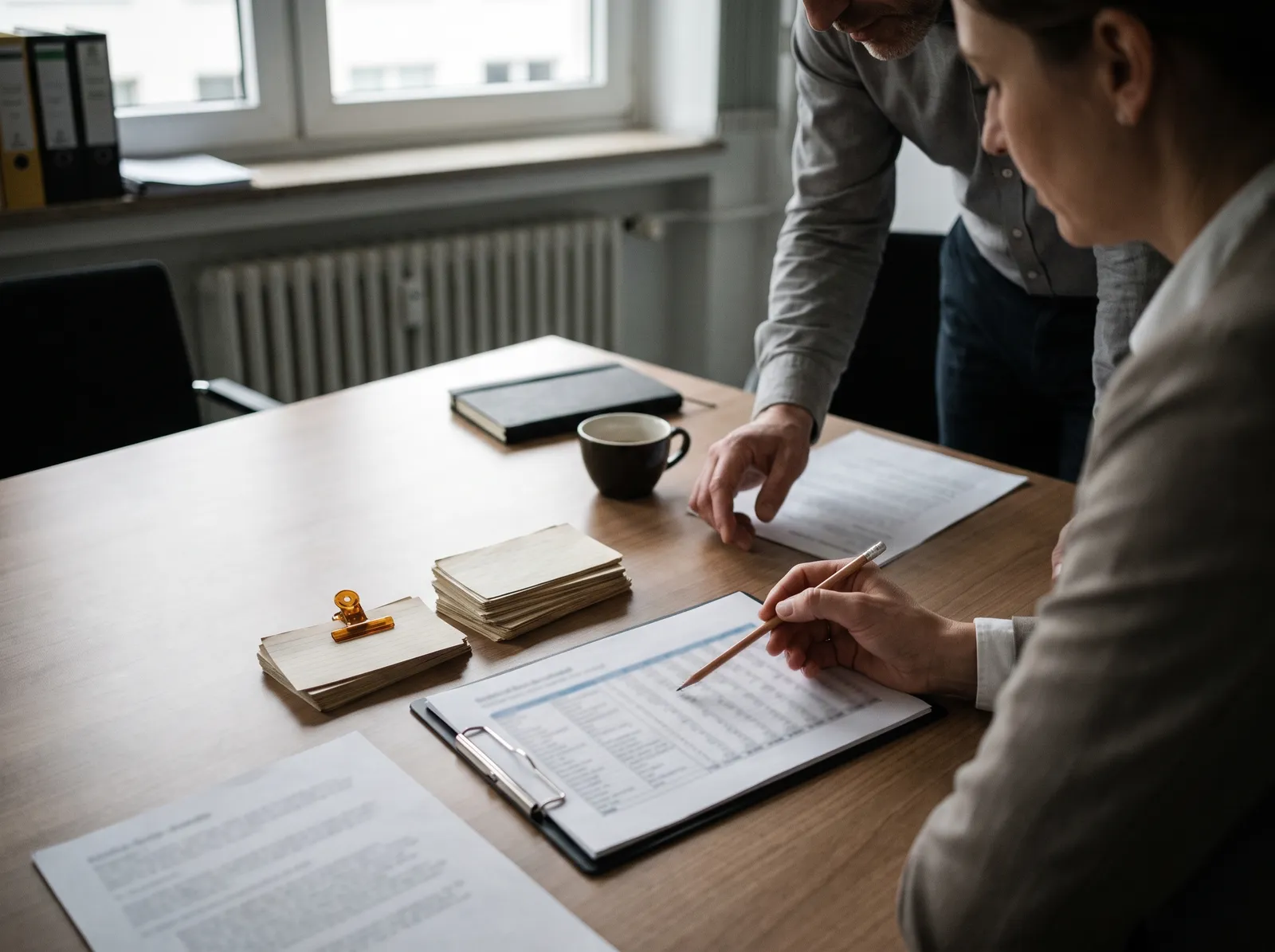 Zwei Kollegen werten am Besprechungstisch eine ausgedruckte Tabelle aus, daneben liegen Karteikarten in drei Stapeln