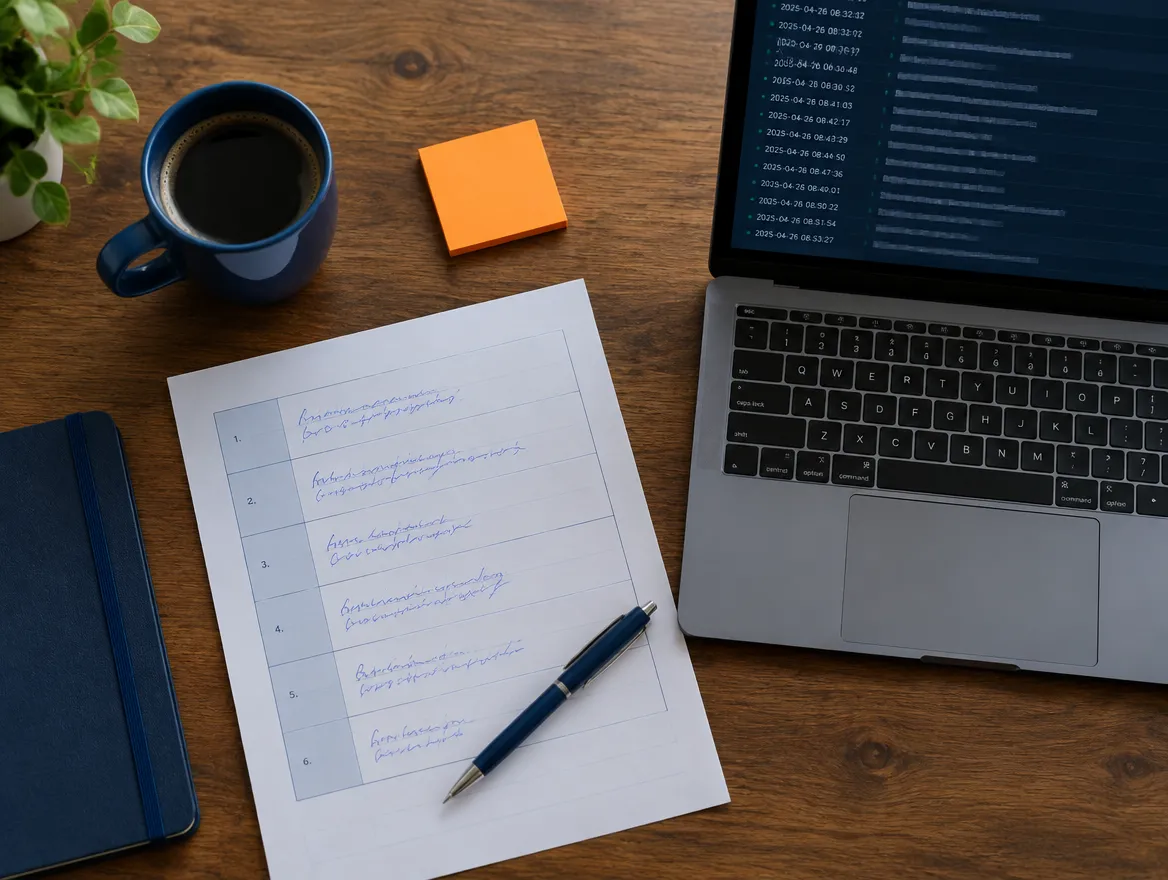 Schreibtisch von oben mit einem handschriftlich ausgefüllten Formular mit sechs Feldern, daneben ein Laptop mit einer Protokollansicht und eine orange Haftnotiz