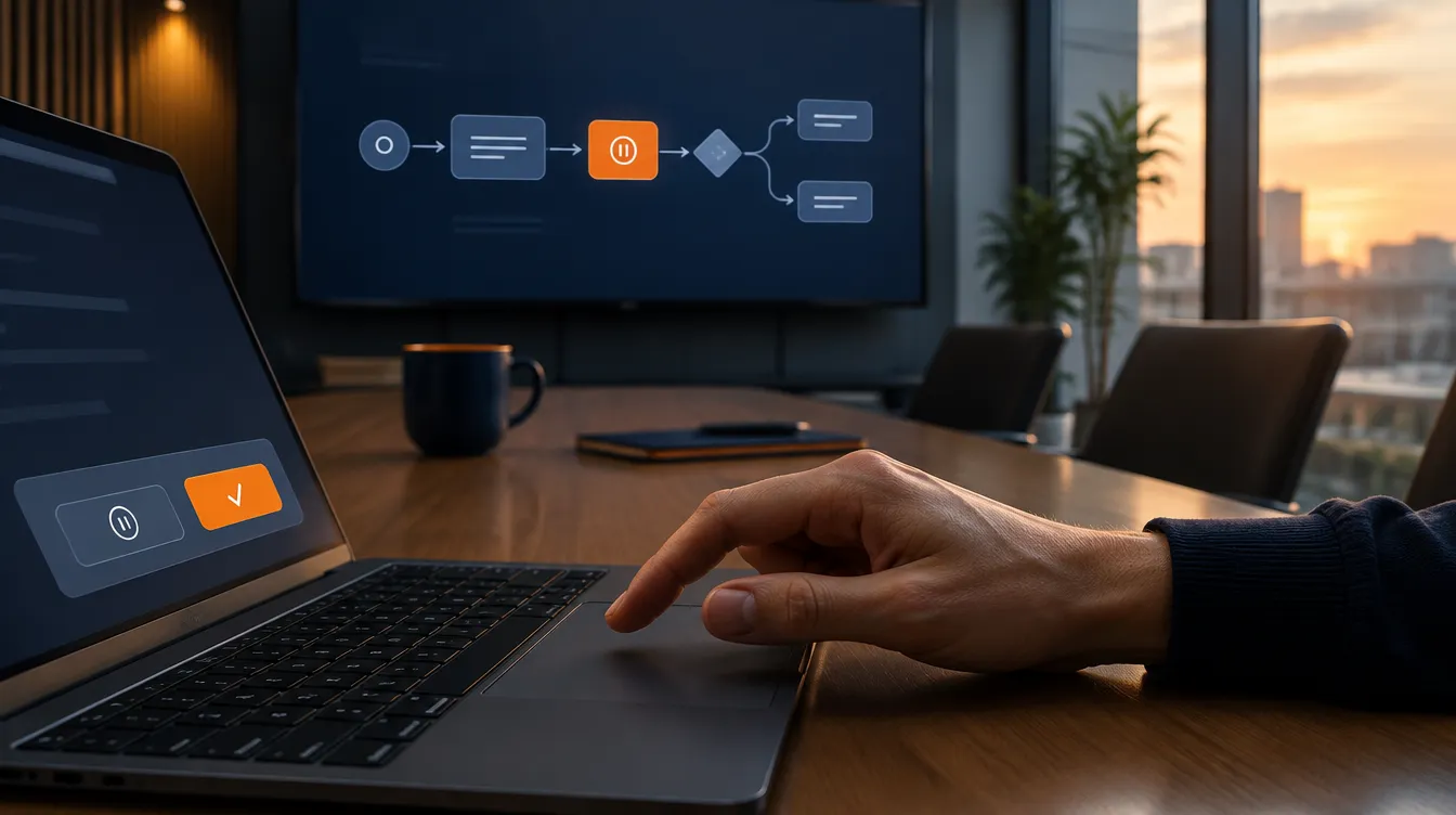 Besprechungsraum am Abend, auf dem Bildschirm ein Ablaufdiagramm mit einem orange markierten Pausenschritt, im Vordergrund eine Hand am Laptop vor einer Freigabe-Schaltfläche
