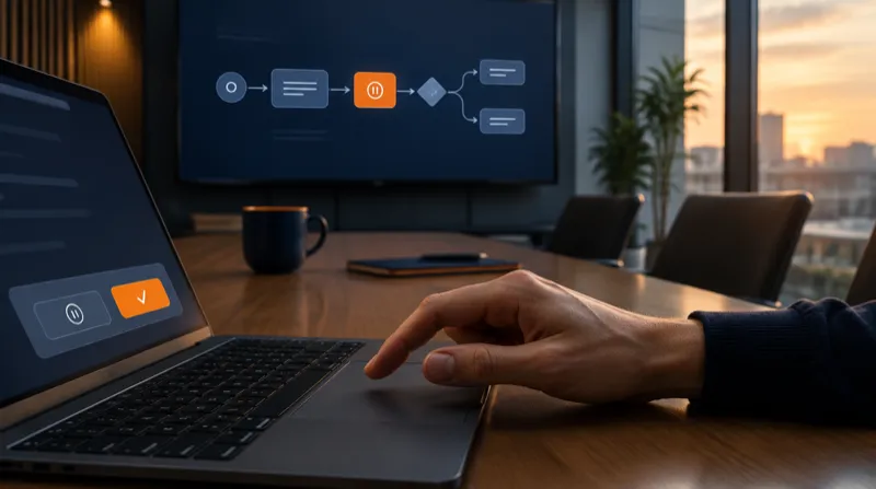 Besprechungsraum mit Ablaufdiagramm auf dem Bildschirm, ein Schritt orange als Pause markiert, im Vordergrund eine Hand am Laptop vor einer Freigabe-Schaltfläche