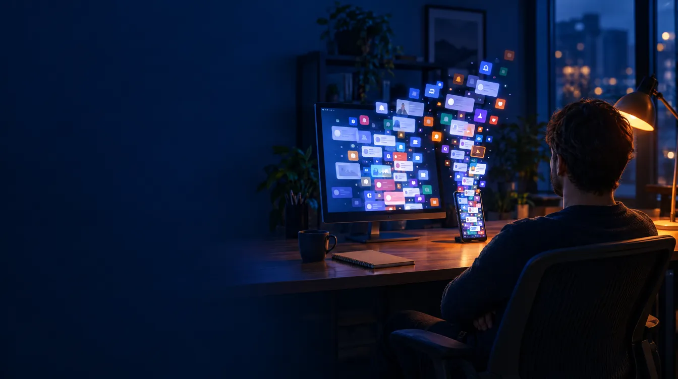 Person sitzt abends zurückgelehnt am Schreibtisch, auf Monitor und Smartphone stapeln sich leuchtende Benachrichtigungen und App-Kacheln