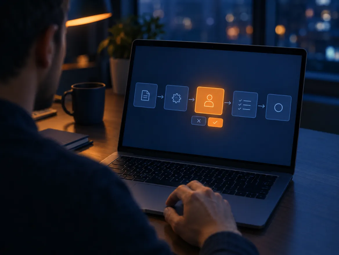 Laptop am Abend mit einem Ablaufdiagramm aus fünf Schritten, der mittlere Schritt mit Personensymbol orange hervorgehoben, darunter Schaltflächen zum Ablehnen und Freigeben