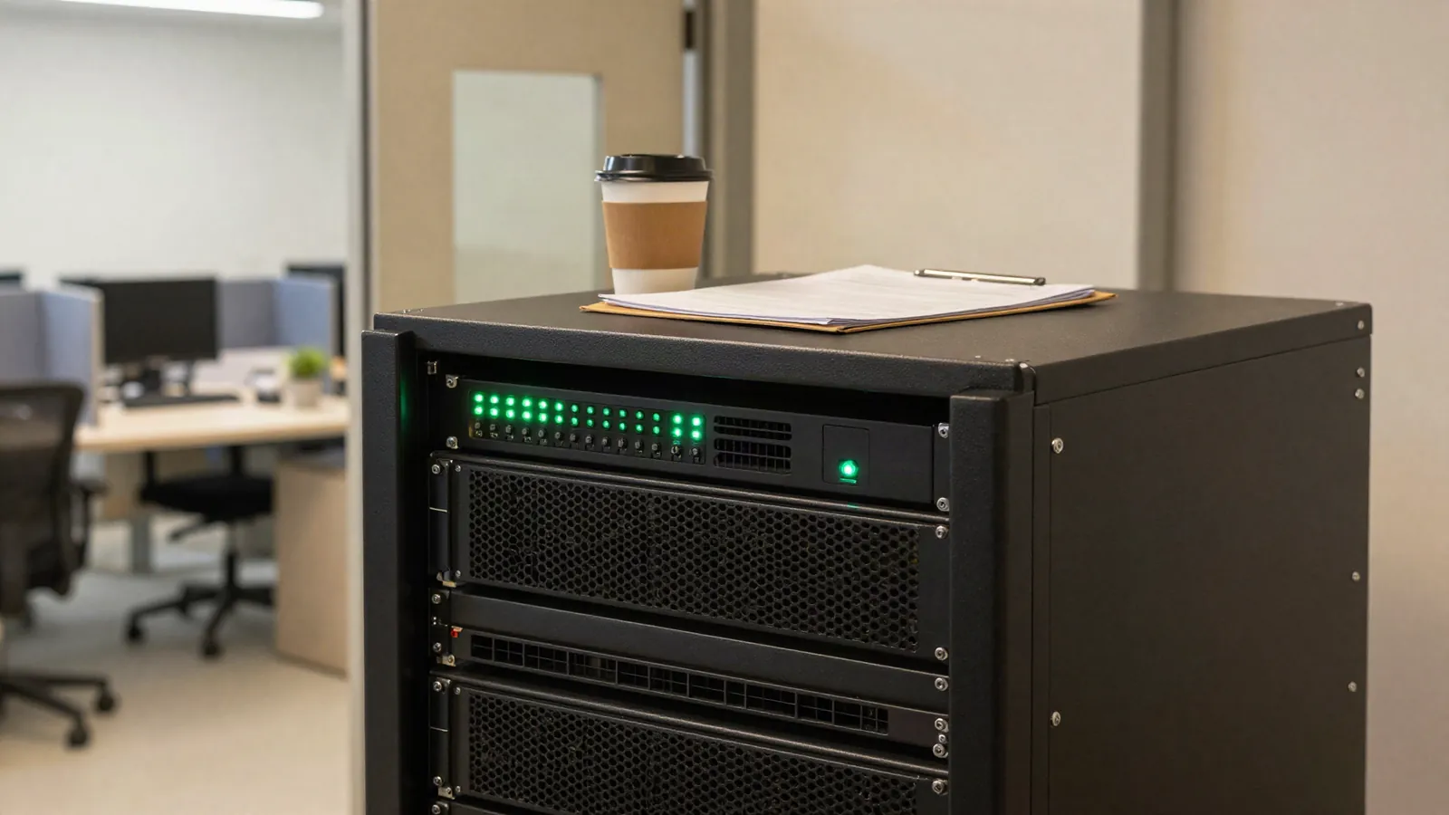 Kompakter Server-Schrank mit grünen Status-Leuchten in einem Büro-Nebenraum, darauf ein Klemmbrett und ein Kaffeebecher, im Hintergrund ein offenes Büro