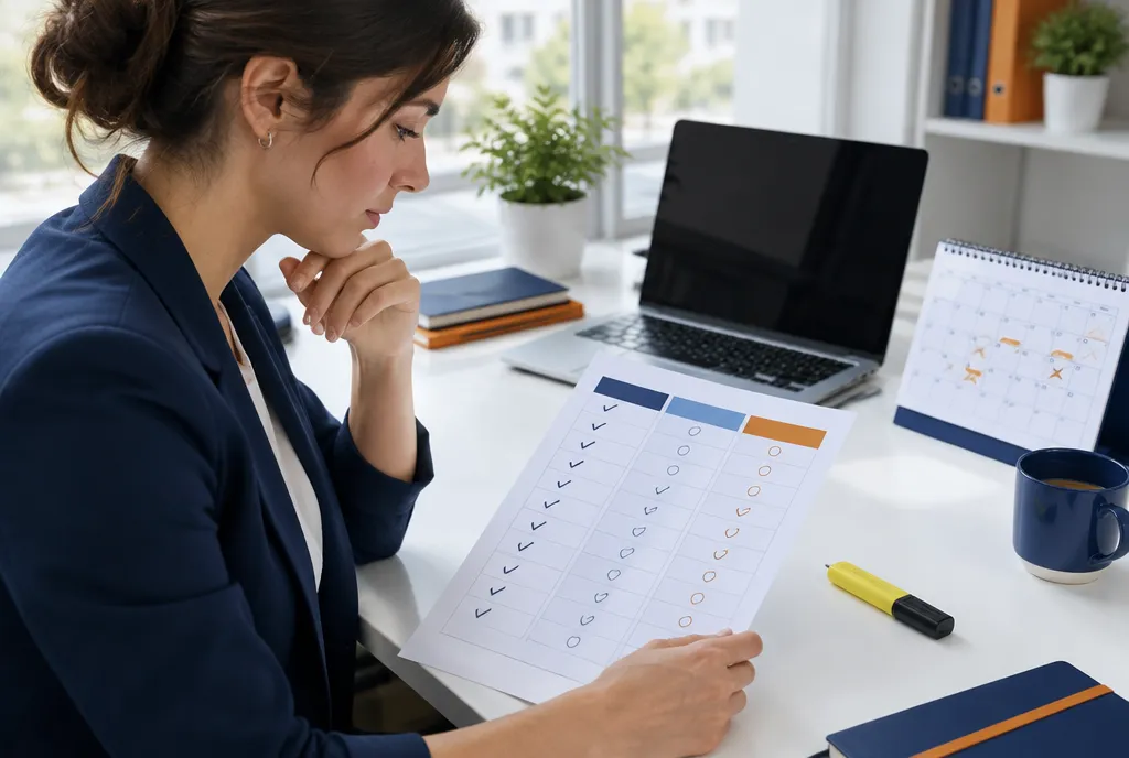 Frau in einem hellen Büro prüft eine ausgedruckte Tabelle mit drei Spalten voller Häkchen und Kreise, daneben ein Tischkalender mit markierten Terminen und ein Textmarker
