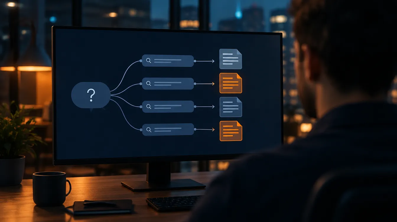 Monitor am Abend mit einem Schaubild: Eine Frage verzweigt sich in vier Suchanfragen, die zu Dokumenten führen, zwei davon orange hervorgehoben