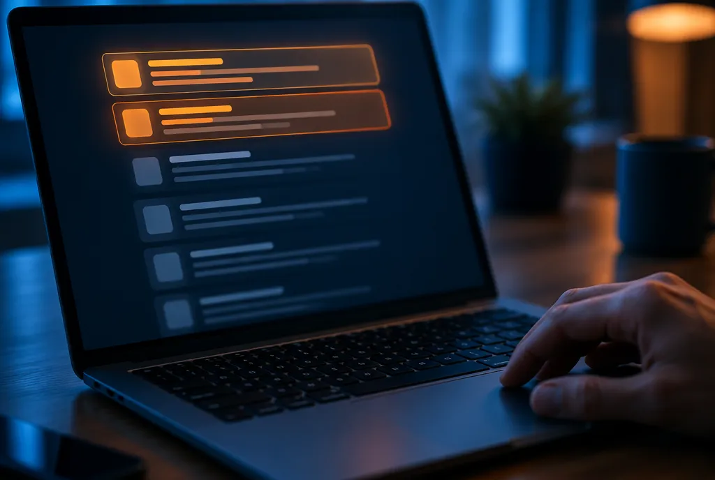 Laptop im Halbdunkel mit einer Liste von Suchergebnissen, die obersten zwei Einträge leuchten orange, die übrigen verblassen nach unten