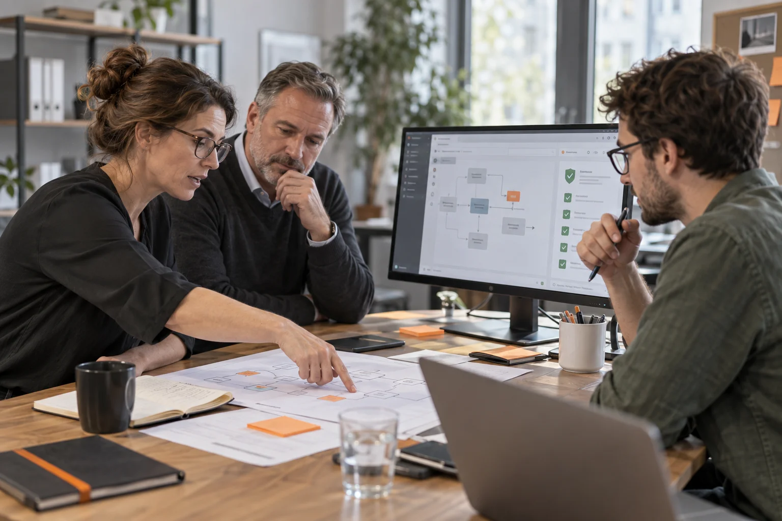 Drei Personen aus IT und Fachbereich besprechen einen Softwareentwurf am Bildschirm und auf einem Ablaufplan