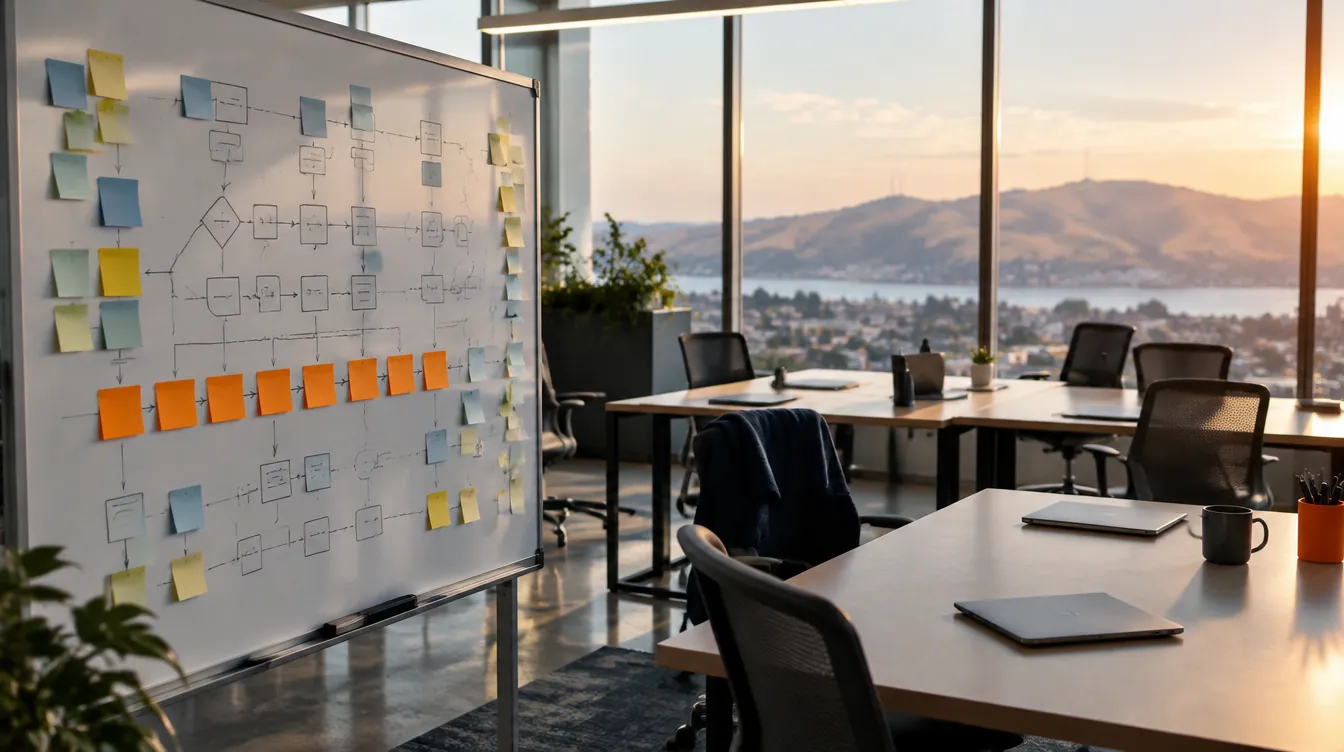 Leeres Großraumbüro am späten Nachmittag mit Blick auf Hügel und Bucht, vorne ein Whiteboard mit Prozessskizze und einer Reihe orangefarbener Haftnotizen