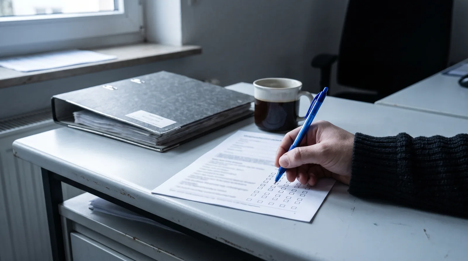 Hand mit Kugelschreiber zögert über den leeren Ankreuzfeldern eines Lieferantenfragebogens auf einem Bürotisch