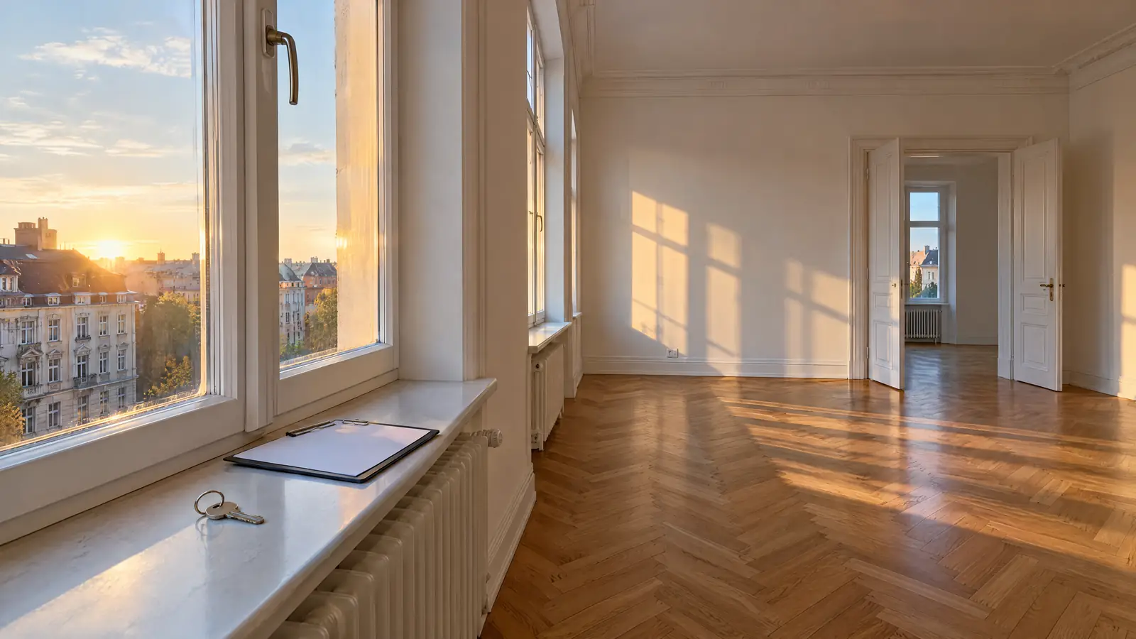 Leere, frisch renovierte Altbauwohnung mit Fischgrätparkett, Schlüssel und Klemmbrett auf der Fensterbank im Abendlicht