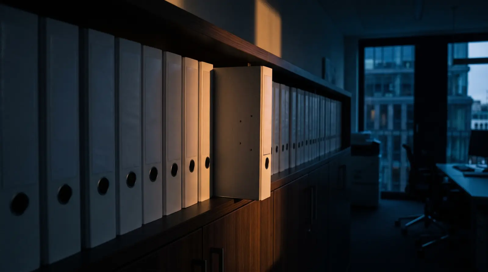 Eine Reihe unbeschrifteter Aktenordner in einem abgedunkelten Kanzleiraum, ein einzelner Ordner steht hervor und wird von einem warmen Lichtstrahl getroffen.