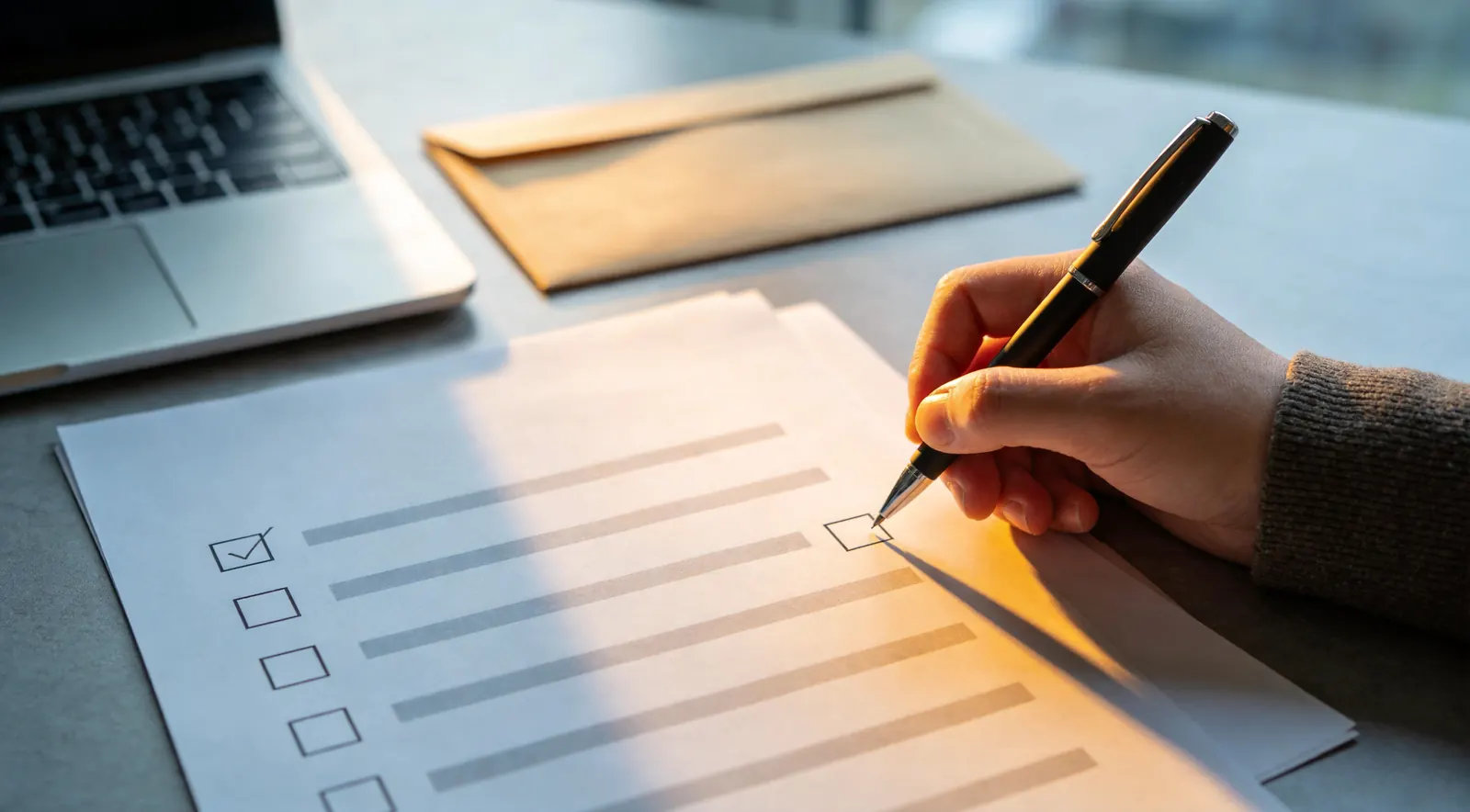 Eine Hand setzt mit einem Stift einen Haken auf einer ausgedruckten Checkliste, daneben ein Briefumschlag und ein aufgeklappter Laptop, warmes Licht fällt auf das Blatt.