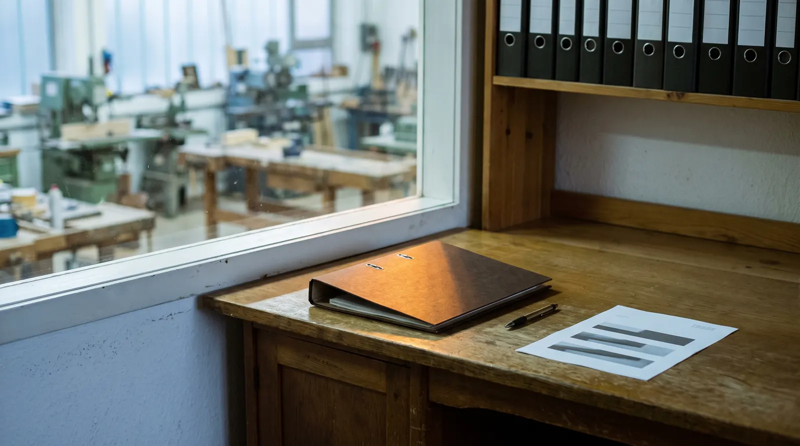 Schreibtisch im Büro eines Handwerksbetriebs am Fenster zur Werkhalle, darauf ein geschlossener brauner Ordner und ein Blatt mit drei grauen Balken, darüber Aktenordner im Regal.