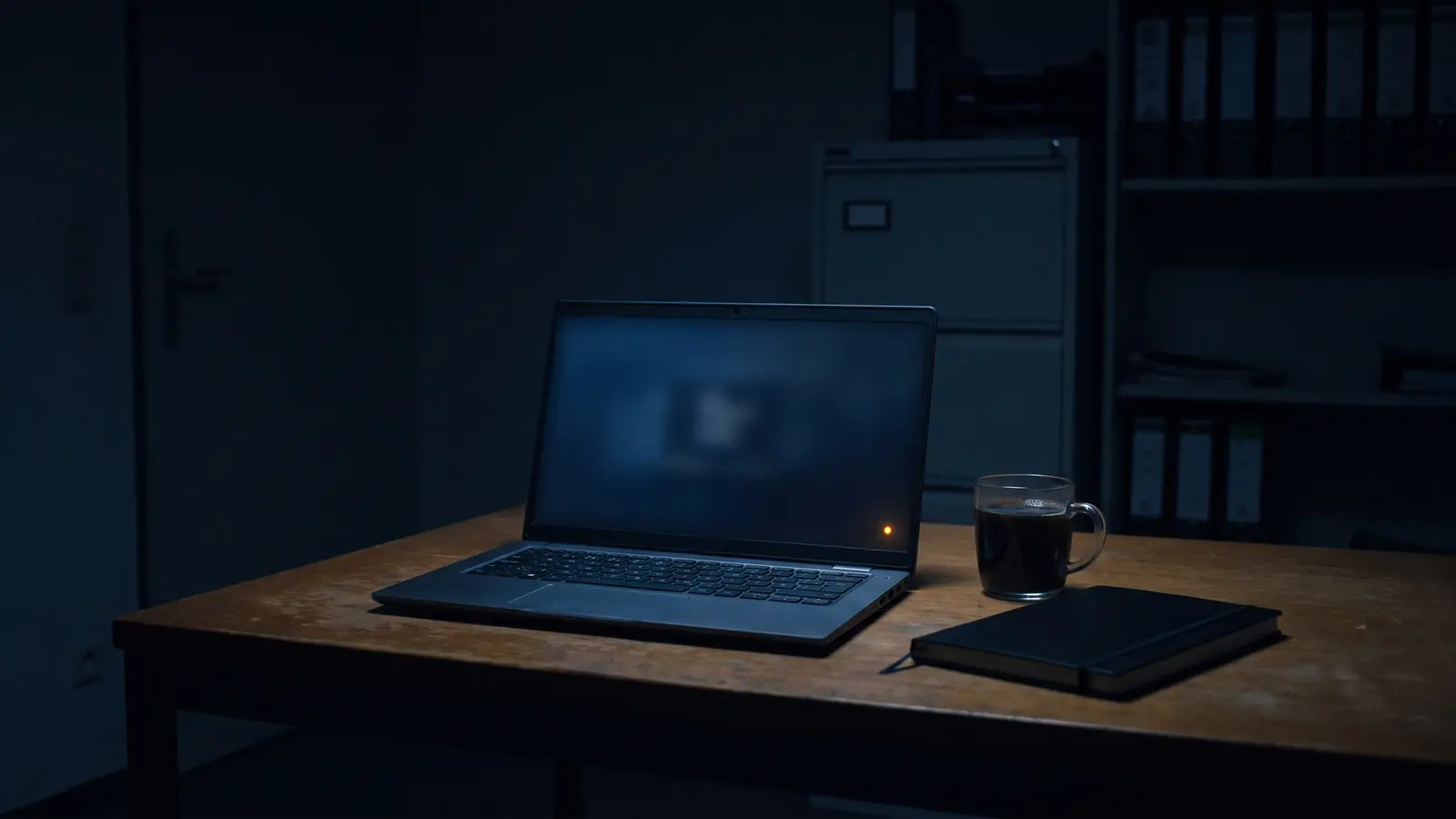 Aufgeklappter Laptop auf einem Holztisch in einem dunklen Büro bei Nacht, der Bildschirm unscharf, unten rechts ein kleiner bernsteinfarbener Lichtpunkt, daneben eine Tasse und ein Notizbuch.