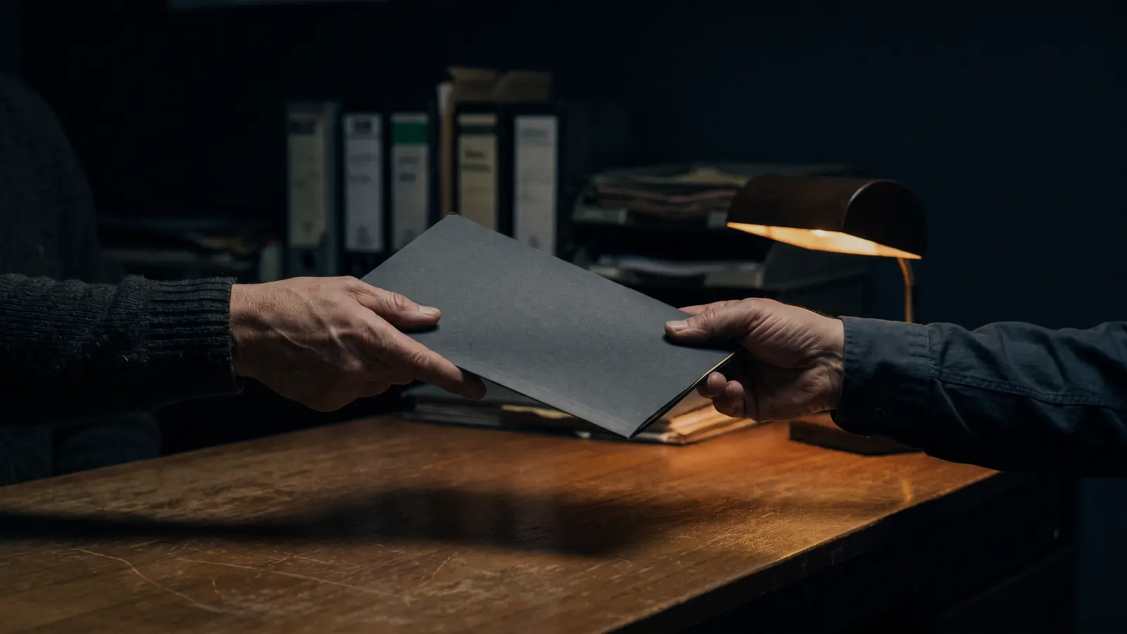 Zwei Hände über einem Schreibtisch, die eine reicht der anderen eine dunkelgraue Mappe, eine Schreibtischlampe wirft warmes Licht auf die Tischkante.