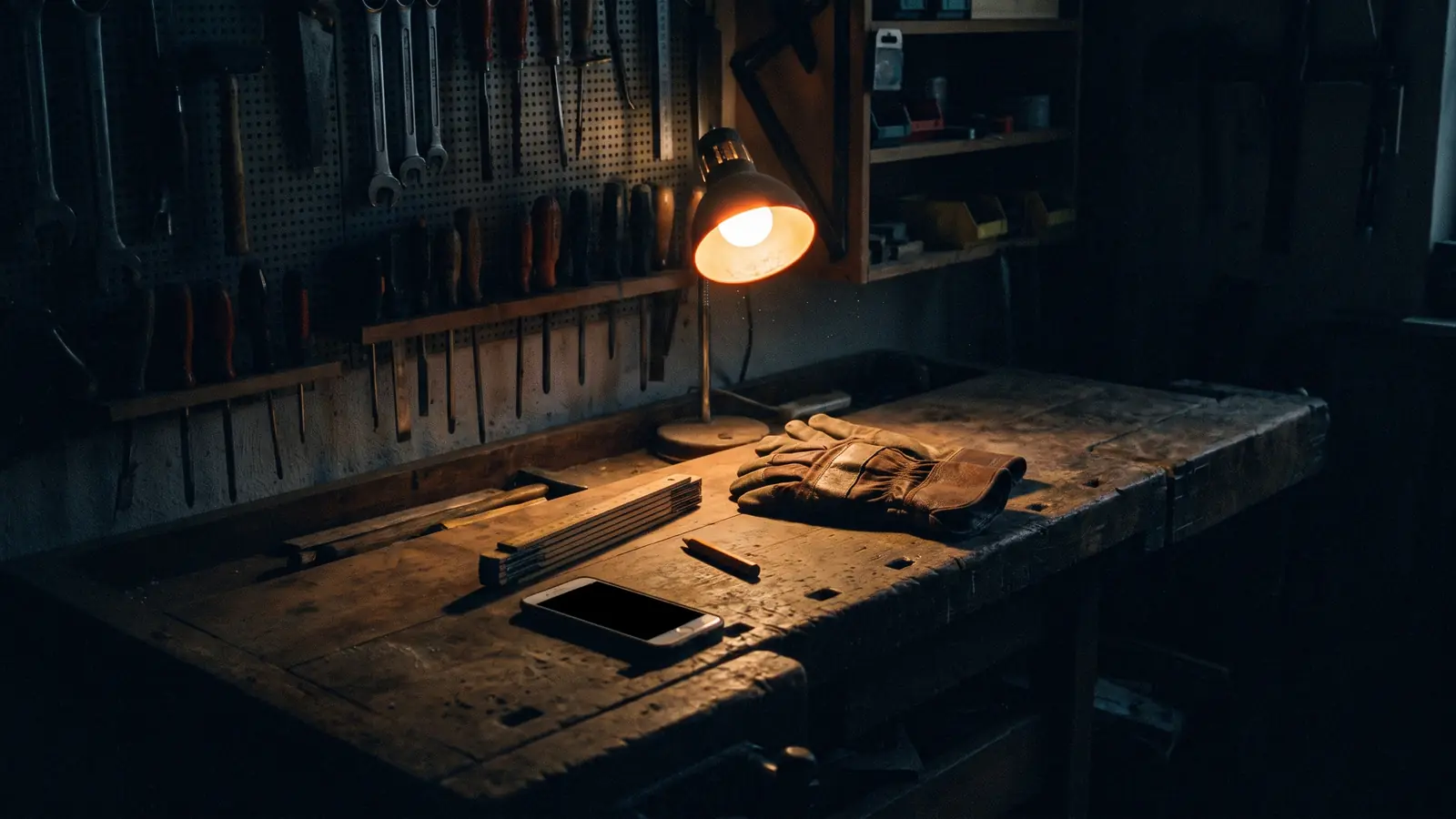 Werkbank in einer Handwerkswerkstatt nach Feierabend, eine Arbeitslampe beleuchtet Lederhandschuhe, einen zusammengeklappten Zollstock und ein Smartphone mit dunklem Display.