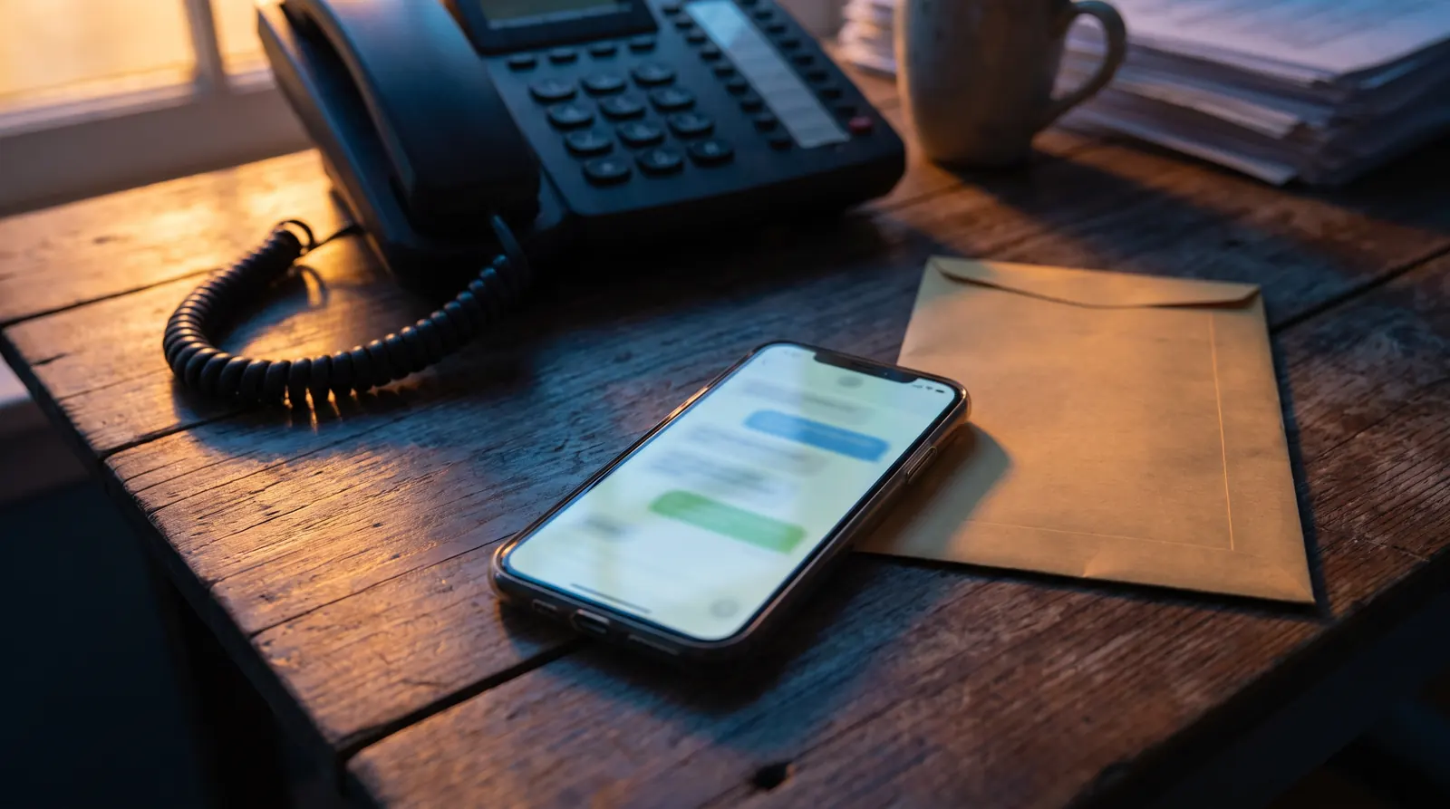 Holzschreibtisch in der Abenddämmerung, ein Smartphone mit unscharfen Chatblasen auf dem Display, dahinter ein schwarzes Tischtelefon mit Spiralkabel, daneben ein brauner Briefumschlag und eine Tasse.