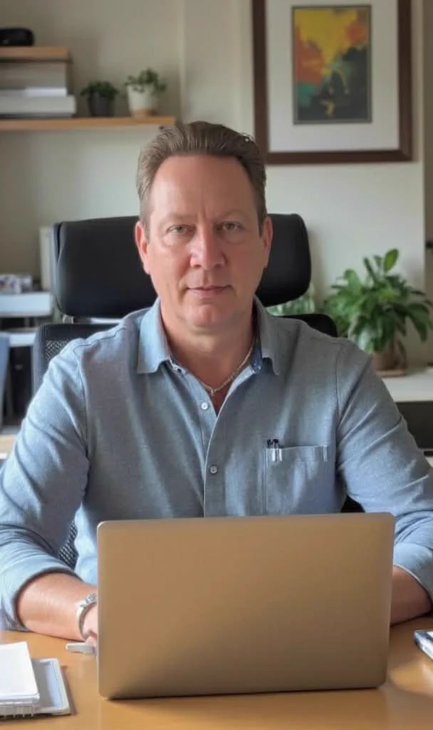Timo Radecke, Inhaber von Ventas AI, an seinem Schreibtisch vor einem Laptop.
