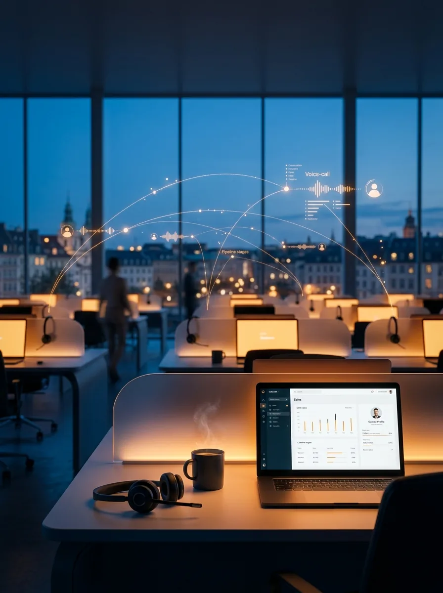 Modernes Callcenter bei Dämmerung mit vernetzter Datenvisualisierung